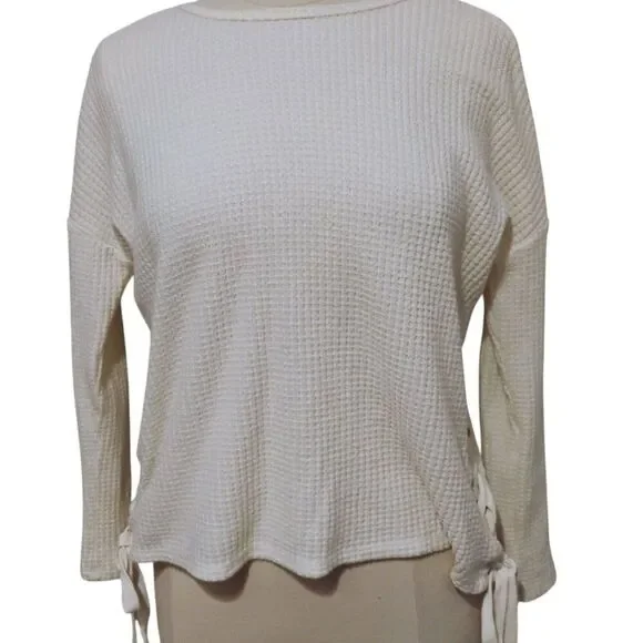Z Supply Top Women's Thermal Waffle Knit Boho Laced Side Ties Oversized Cozy XS - Picture 2 of 13